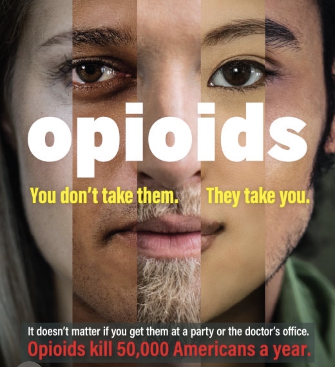 A composite portrait of multiple young people from different backgrounds — opioids reach every demographic